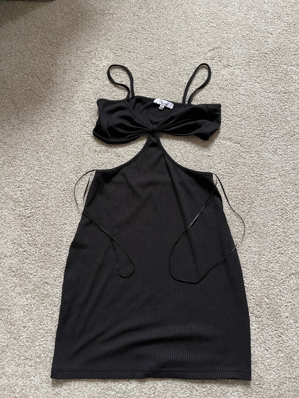 Black Ribbed Cutout Mini Dress with Tie Details